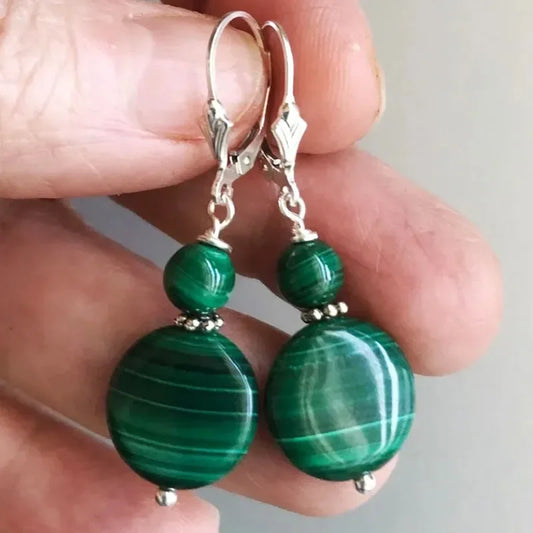 Malachite  Greenstone Lever Back Coin Earrings, Real Malachite Beaded Bohemian Jewelry