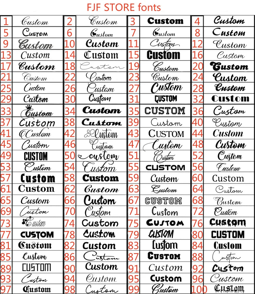 Sheet of custom font samples labeled 'FJF Store fonts' with various text styles.