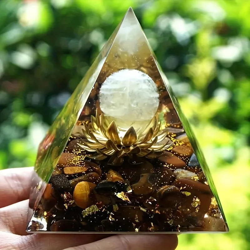 1PC Clear Crystal Tiger Eye Lotus Symbol Orgone Pyramid With Positive Energy And Guidance - Tiger Eye Lotus Symbol Orgone