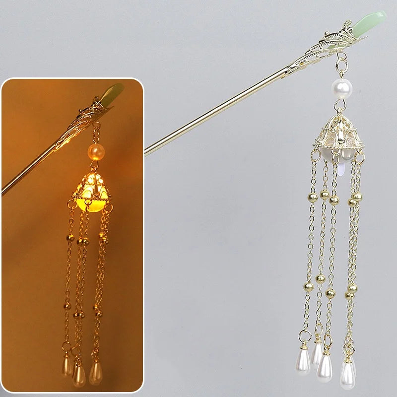 Luminous Flower Hairpin For Women Creative Lotus Emit Light Lantern Tassel Hair Stick Vintage Chinese Style Metal Hair Accessory