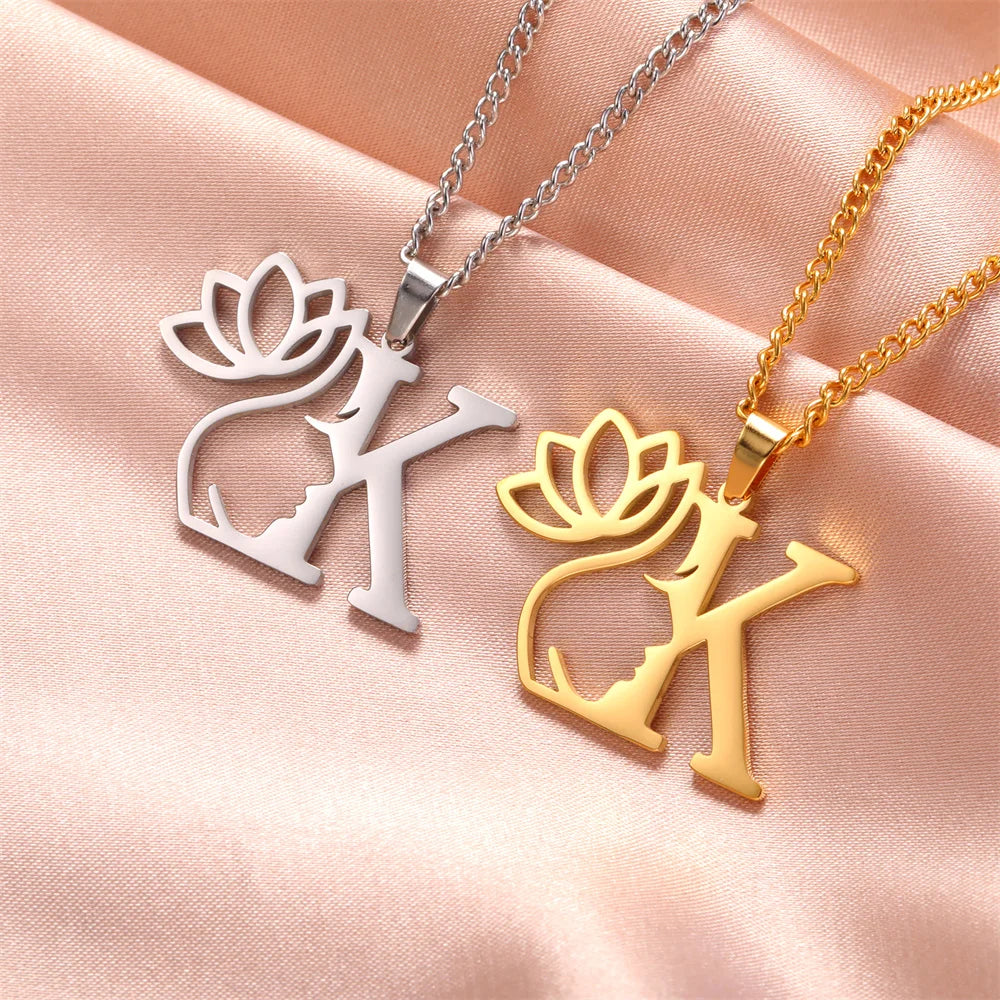 My Shape Beauty Lotus Flower Initials Necklace Women Girl Gifts Stainless Steel Letter Alphabet Pendants Choker Fashion Jewelry