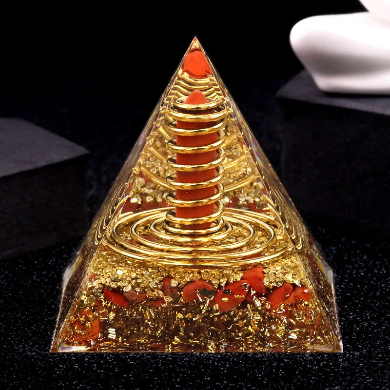 Natural Crystal Energy Generator Pyramid Peridot Gold Sandstone Reiki Healing Resin Pyramid Egyptian Room Decoration 6x6cm