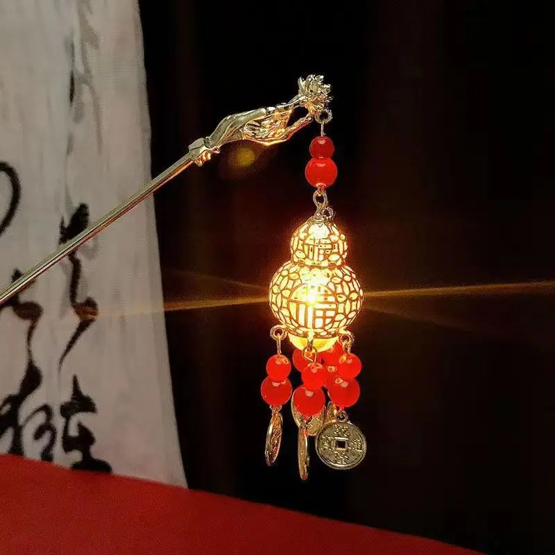 Luminous Flower Hairpin For Women Creative Lotus Emit Light Lantern Tassel Hair Stick Vintage Chinese Style Metal Hair Accessory