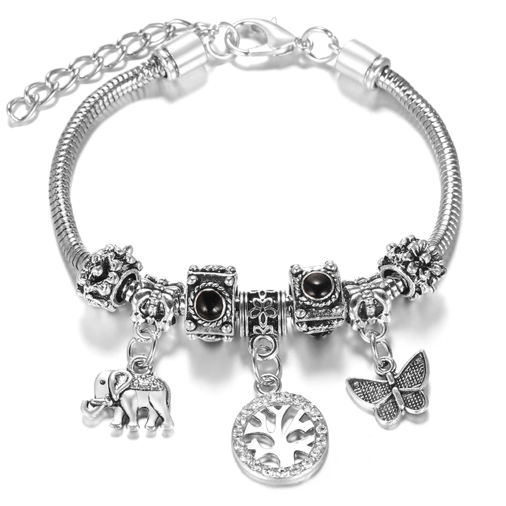 Multi Style Rhinestone 6 Color Beaded Bangle Lobster Buckle Adjustable Snake Chain Elephant Bracelet Pendant Woman Jewelry Gift