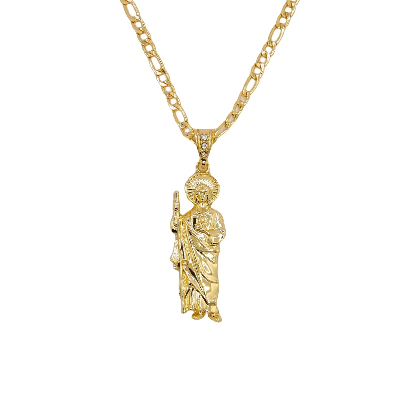 Saint Jude Necklace 14K Gold Plated San Judas Pendant Figaro Chain