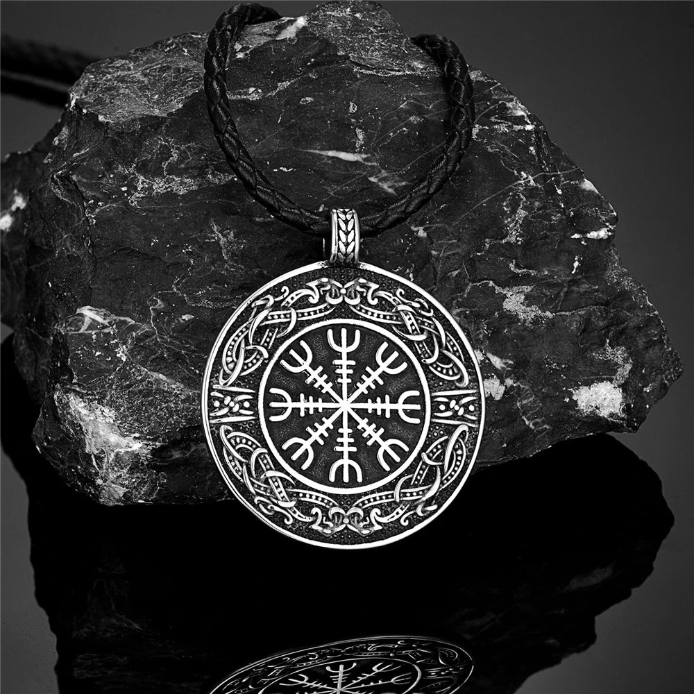 Vintage Ouroboros Vikings Rune Compass Necklace Men Norse Amulet Stainless Steel Pendant Genuine Leather Chain Icelandic Jewelry