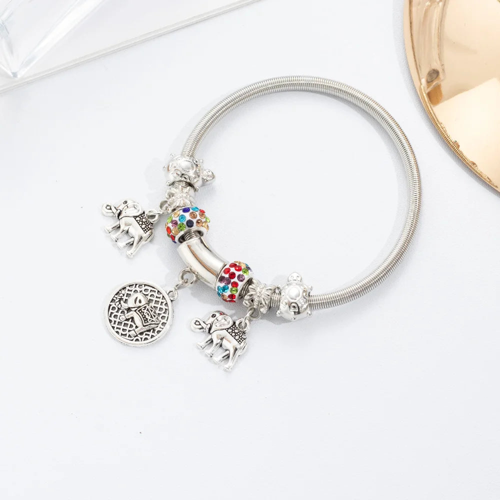 Creative Elephant Charms Bracelet Colorful Rhinestone Bead Silver Color Metal Bracelet For Women