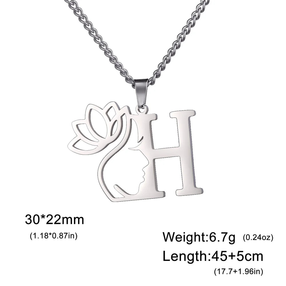 My Shape Beauty Lotus Flower Initials Necklace Women Girl Gifts Stainless Steel Letter Alphabet Pendants Choker Fashion Jewelry