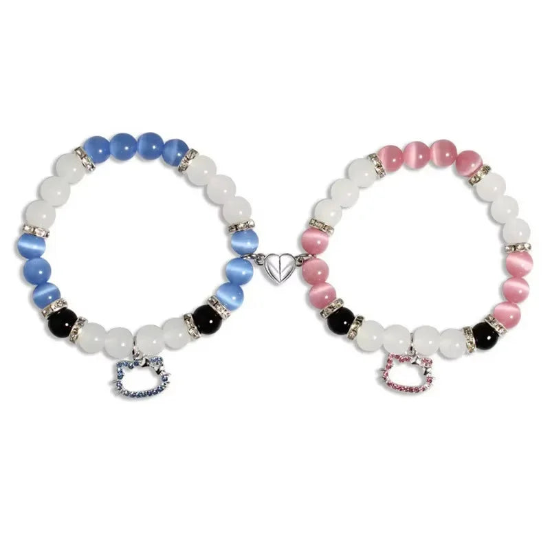 2 pcs of Blue and Pink Beads Cute cat Pendant Heart Shape Magnet Elastic Couple's Bracelets, Bff Trendy Jewelry Gifts