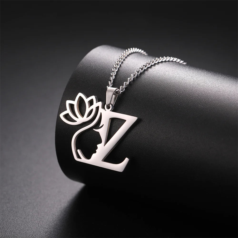 My Shape Beauty Lotus Flower Initials Necklace Women Girl Gifts Stainless Steel Letter Alphabet Pendants Choker Fashion Jewelry
