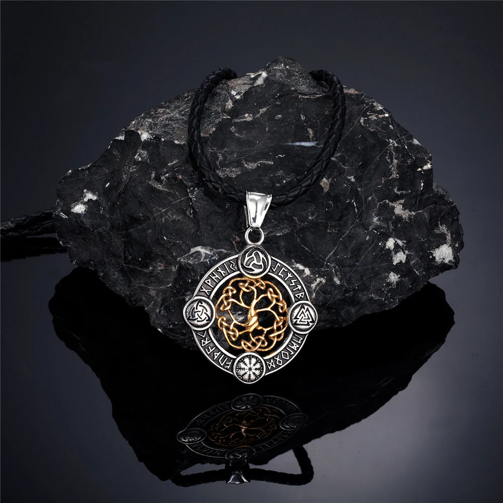 Never Fade Norse Rune Life Tree Necklace Men Gold Color Stainless Steel Pendant Valknut Trinity Male Lucky Amulet Viking Jewelry