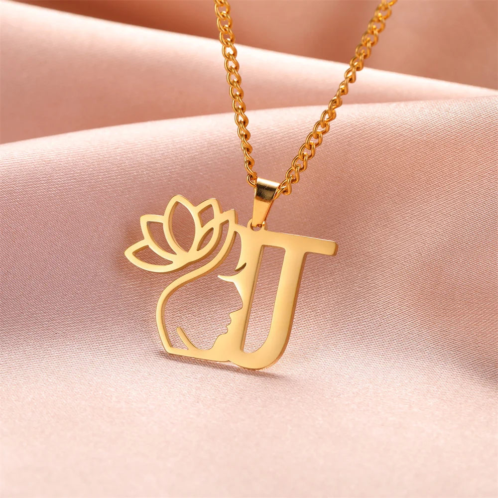 My Shape Beauty Lotus Flower Initials Necklace Women Girl Gifts Stainless Steel Letter Alphabet Pendants Choker Fashion Jewelry