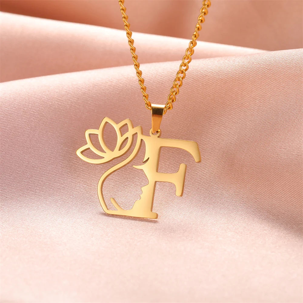 My Shape Beauty Lotus Flower Initials Necklace Women Girl Gifts Stainless Steel Letter Alphabet Pendants Choker Fashion Jewelry