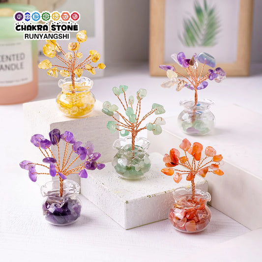 1PC Natural Crystal Macadam Small Tree Reiki Healing Feng Shui Crystal Tree Artificial Bonsai Tabletop Ornaments