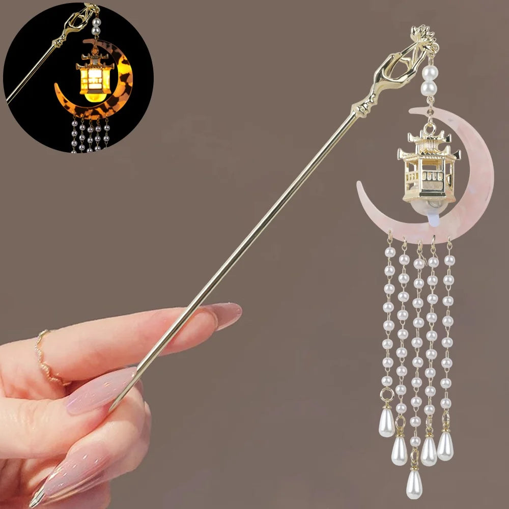 Luminous Flower Hairpin For Women Creative Lotus Emit Light Lantern Tassel Hair Stick Vintage Chinese Style Metal Hair Accessory