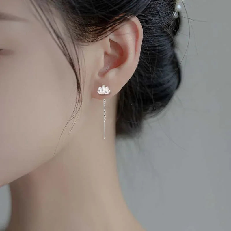 Real 925 Sterling Silver Long Cute Lotus Tassels Drop Earrings for Women Plant Fine Jewelry Allergy Minimalist Accessories