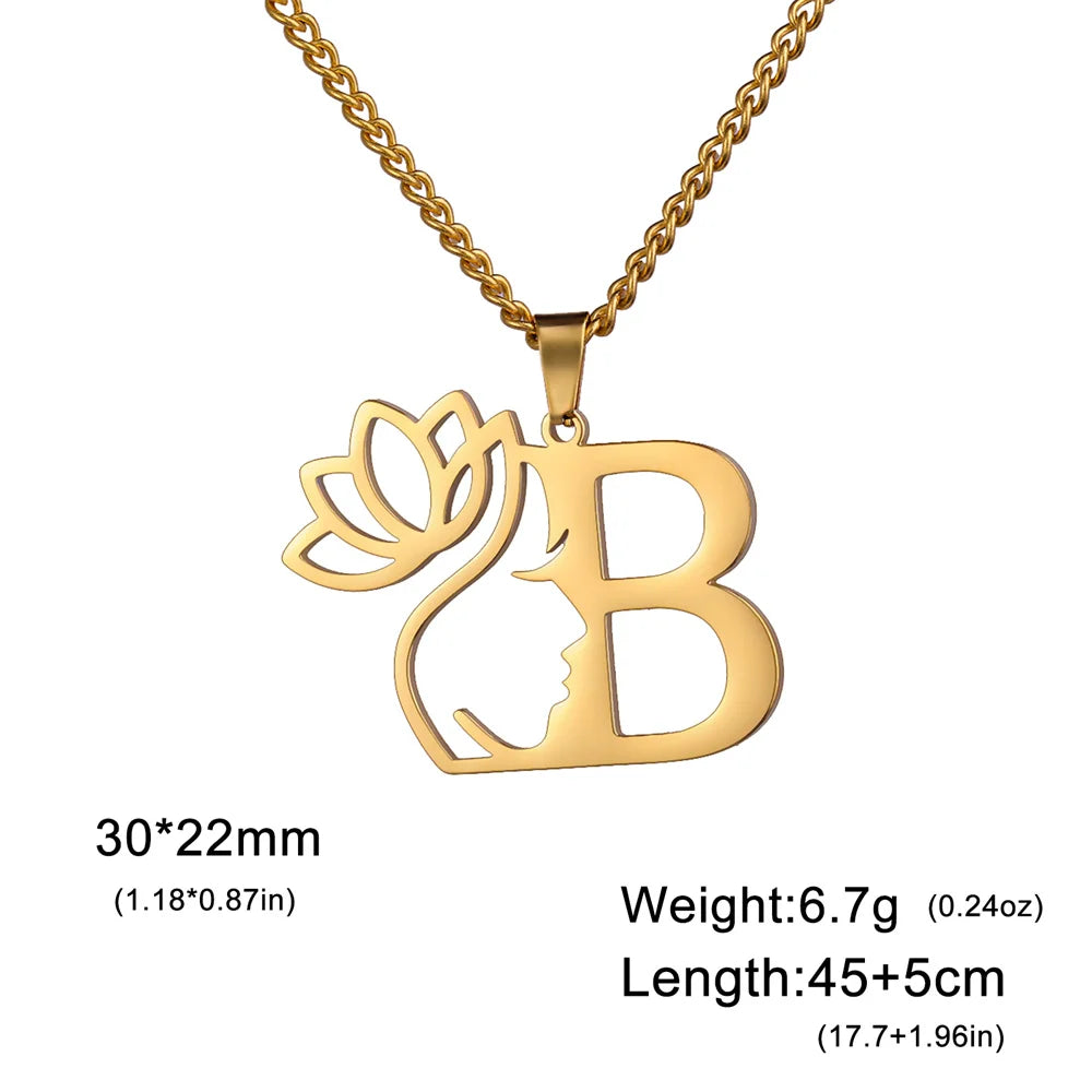 My Shape Beauty Lotus Flower Initials Necklace Women Girl Gifts Stainless Steel Letter Alphabet Pendants Choker Fashion Jewelry