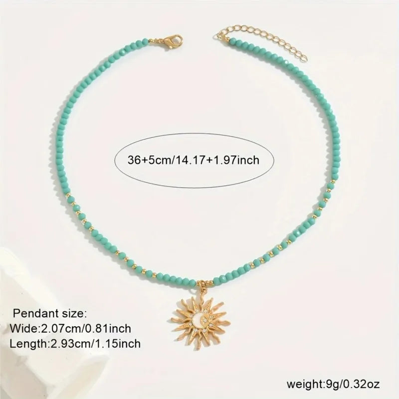 Vintage Golden-Toned Sun Pendant Necklace for Women Elegant Turquoise Beads Chain Choker Neck Statement Party Jewelry Gifts