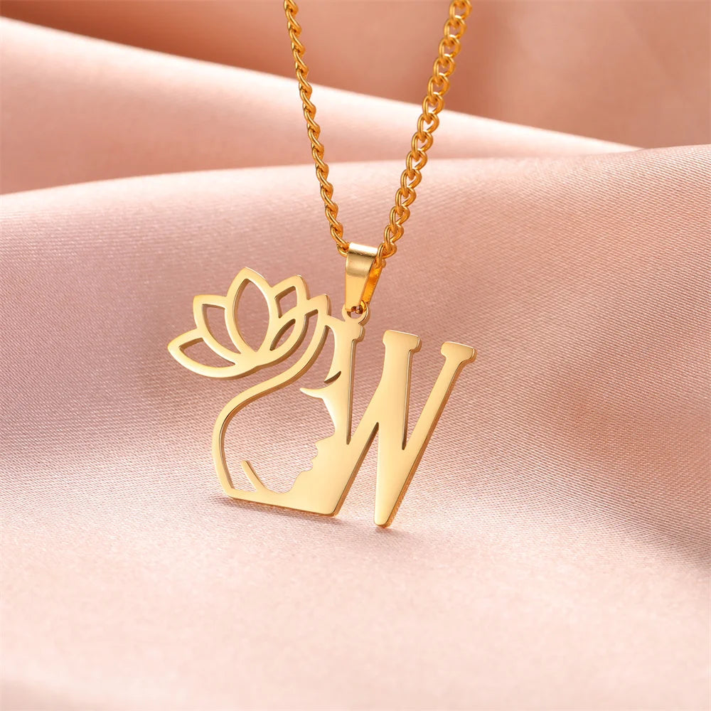 My Shape Beauty Lotus Flower Initials Necklace Women Girl Gifts Stainless Steel Letter Alphabet Pendants Choker Fashion Jewelry
