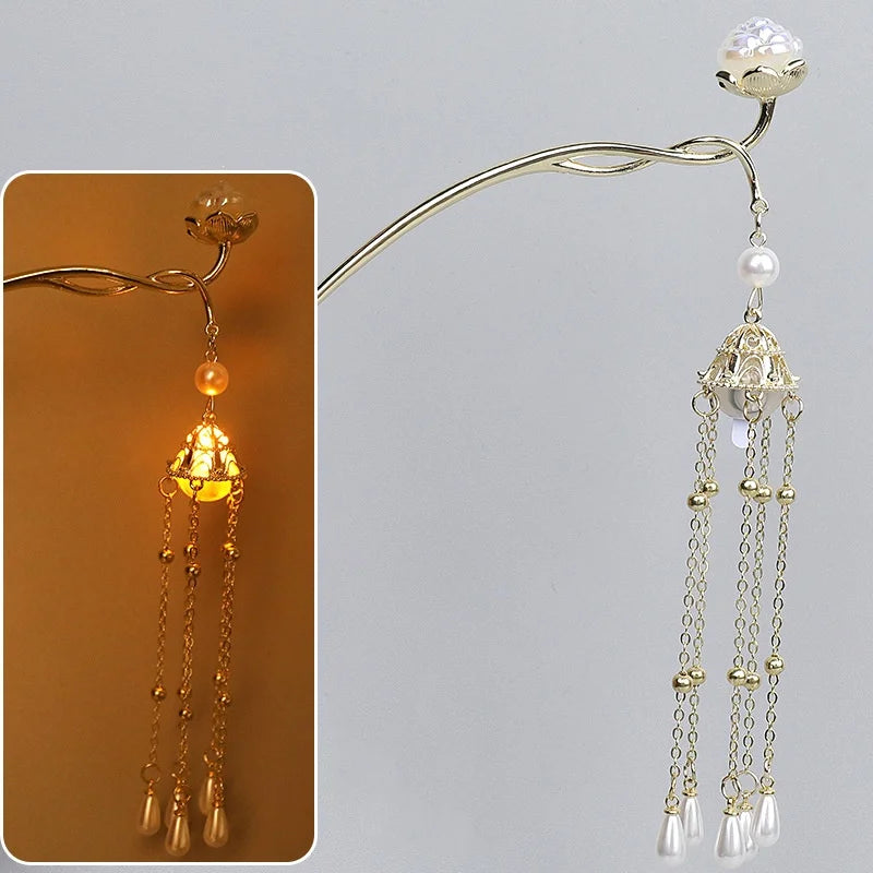 Luminous Flower Hairpin For Women Creative Lotus Emit Light Lantern Tassel Hair Stick Vintage Chinese Style Metal Hair Accessory