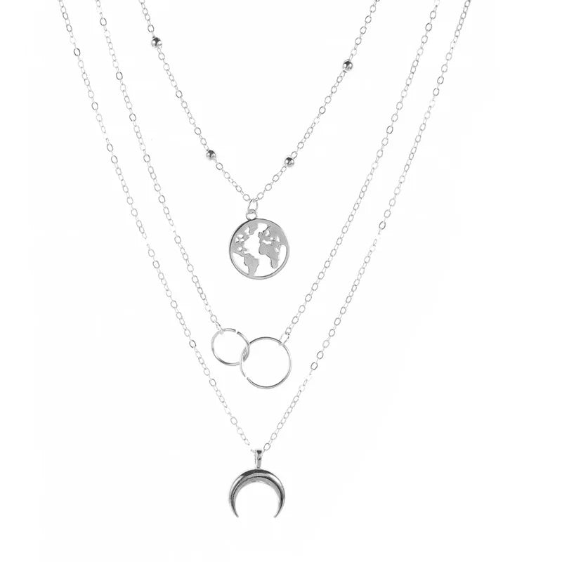 New Fashion Retro Moon World Map Circle Pendant Multilayer Gold Color Necklace Party Charm Jewelry Accessories For Women Gift