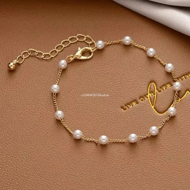 Simple Elegant Imitation Pearl Bracelets Golden Color Beads Chain for Womens Goth Chain Bracelet Bangles Trend Jewelry Gifts