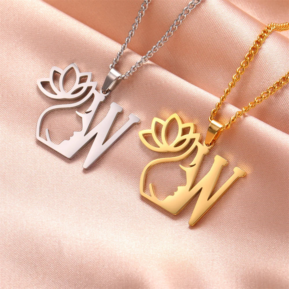 My Shape Beauty Lotus Flower Initials Necklace Women Girl Gifts Stainless Steel Letter Alphabet Pendants Choker Fashion Jewelry