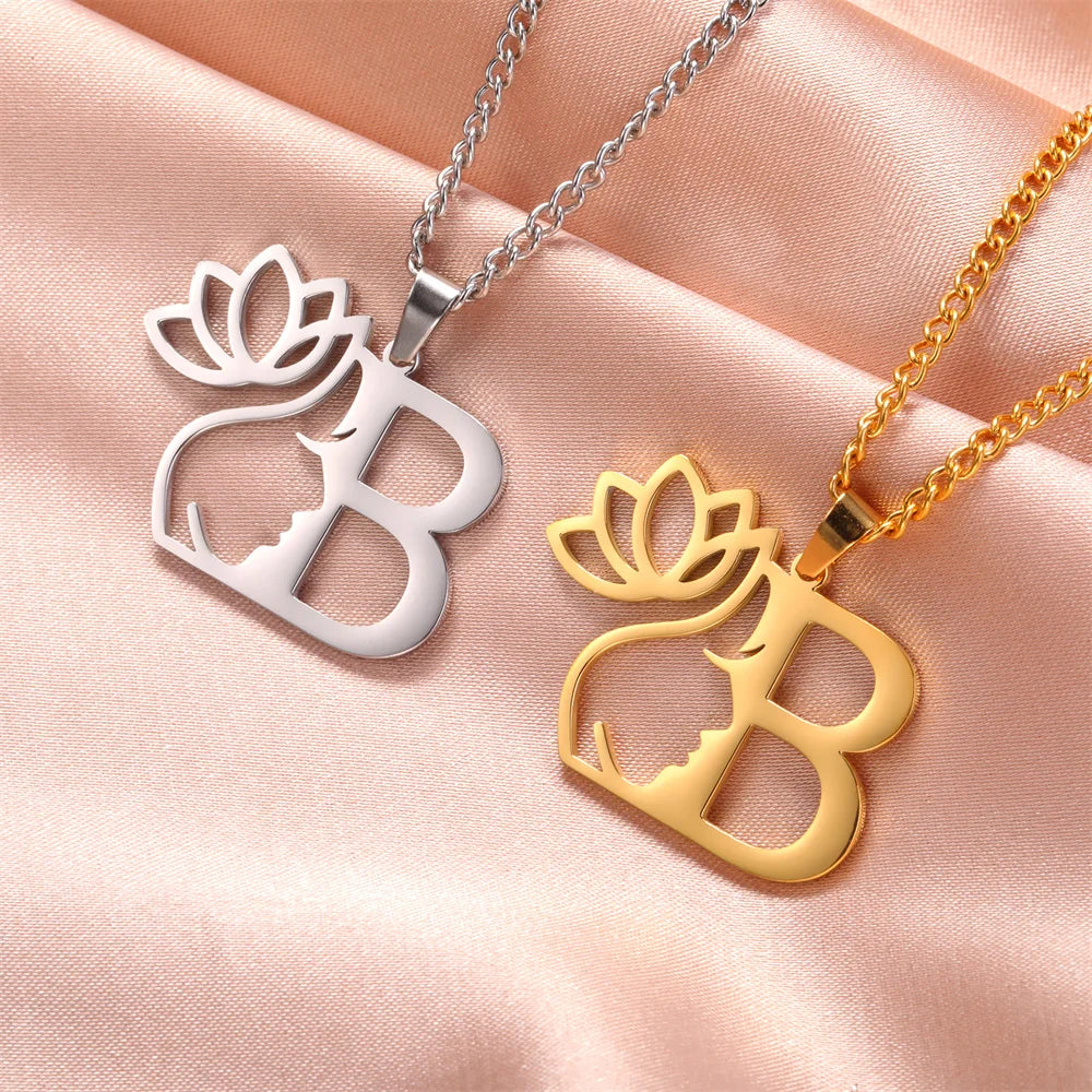My Shape Beauty Lotus Flower Initials Necklace Women Girl Gifts Stainless Steel Letter Alphabet Pendants Choker Fashion Jewelry