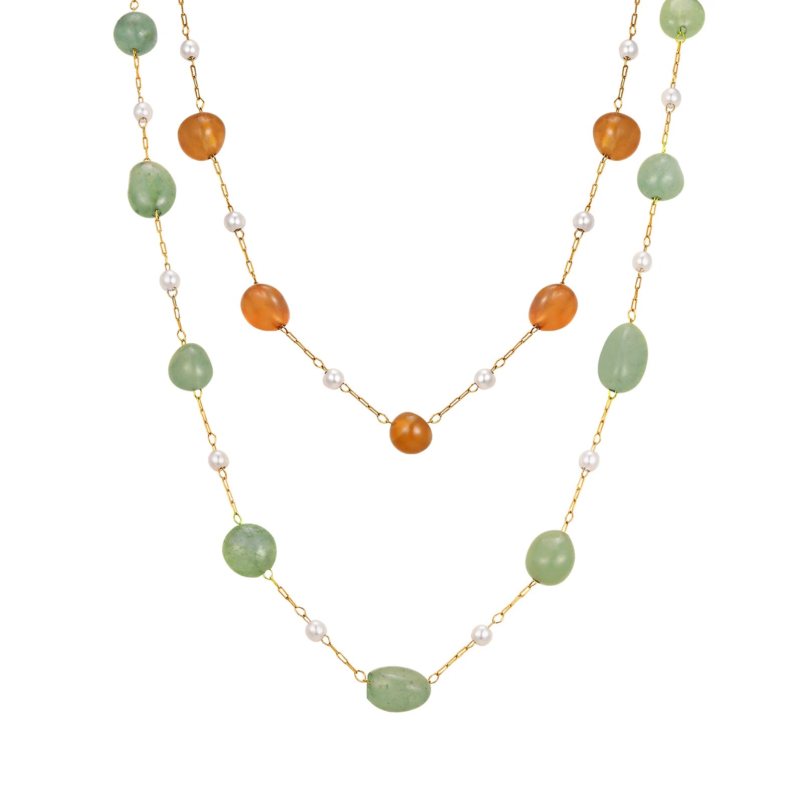 Necklace with green, orange, and white beads on a gold chain against a white background