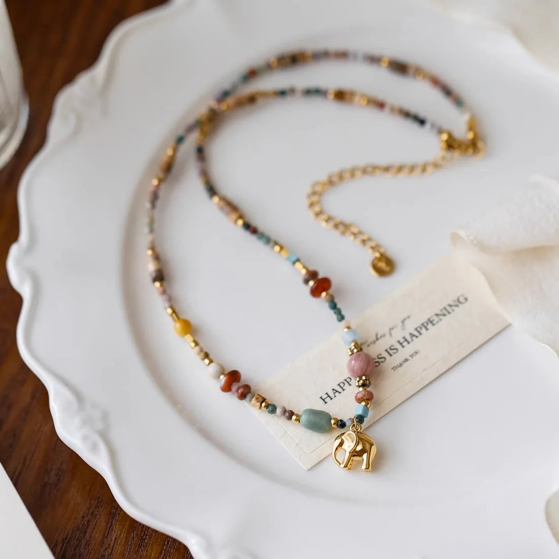 French Retro Colored Natural Stone Beads Chain Metal Elephant Pendant Necklace 2025 Trendy Jewelry Elegant Accessory For Women