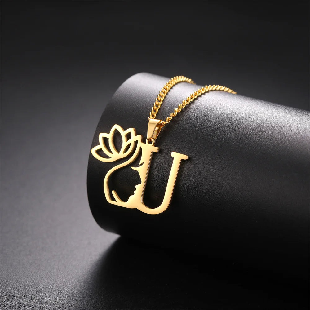 My Shape Beauty Lotus Flower Initials Necklace Women Girl Gifts Stainless Steel Letter Alphabet Pendants Choker Fashion Jewelry