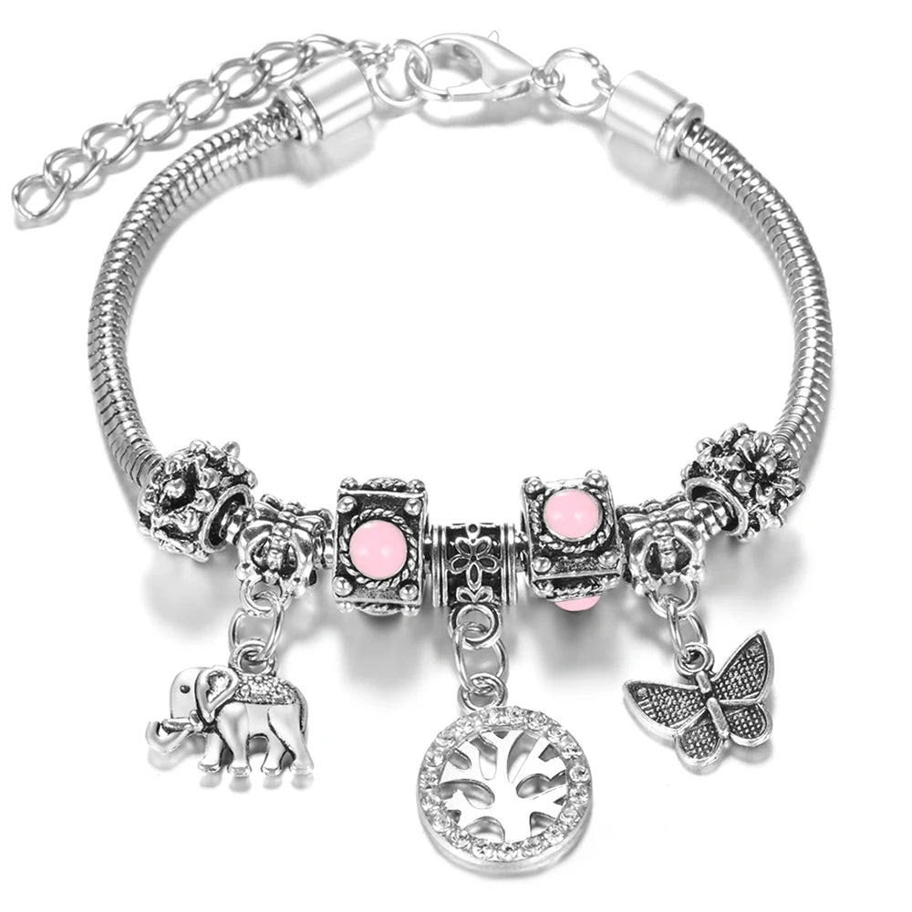 Multi Style Rhinestone 6 Color Beaded Bangle Lobster Buckle Adjustable Snake Chain Elephant Bracelet Pendant Woman Jewelry Gift