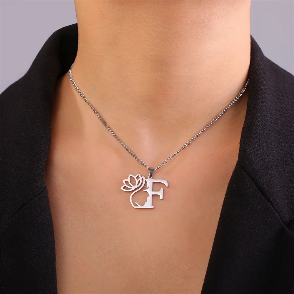 My Shape Beauty Lotus Flower Initials Necklace Women Girl Gifts Stainless Steel Letter Alphabet Pendants Choker Fashion Jewelry