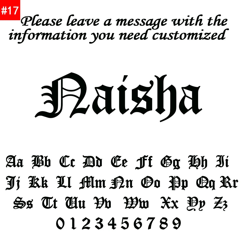 Decorative font with the name 'Naisha' and a set of letters and numbers below on a white background.