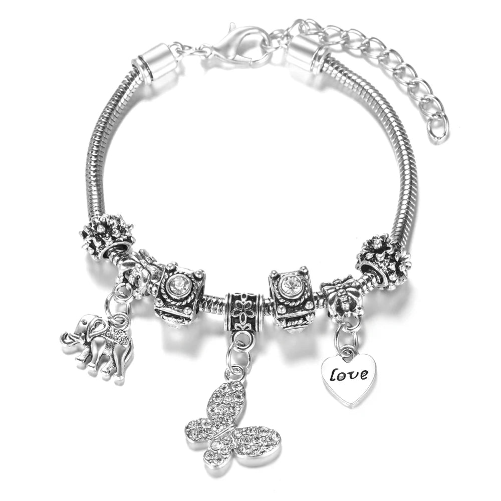 Multi Style Rhinestone 6 Color Beaded Bangle Lobster Buckle Adjustable Snake Chain Elephant Bracelet Pendant Woman Jewelry Gift