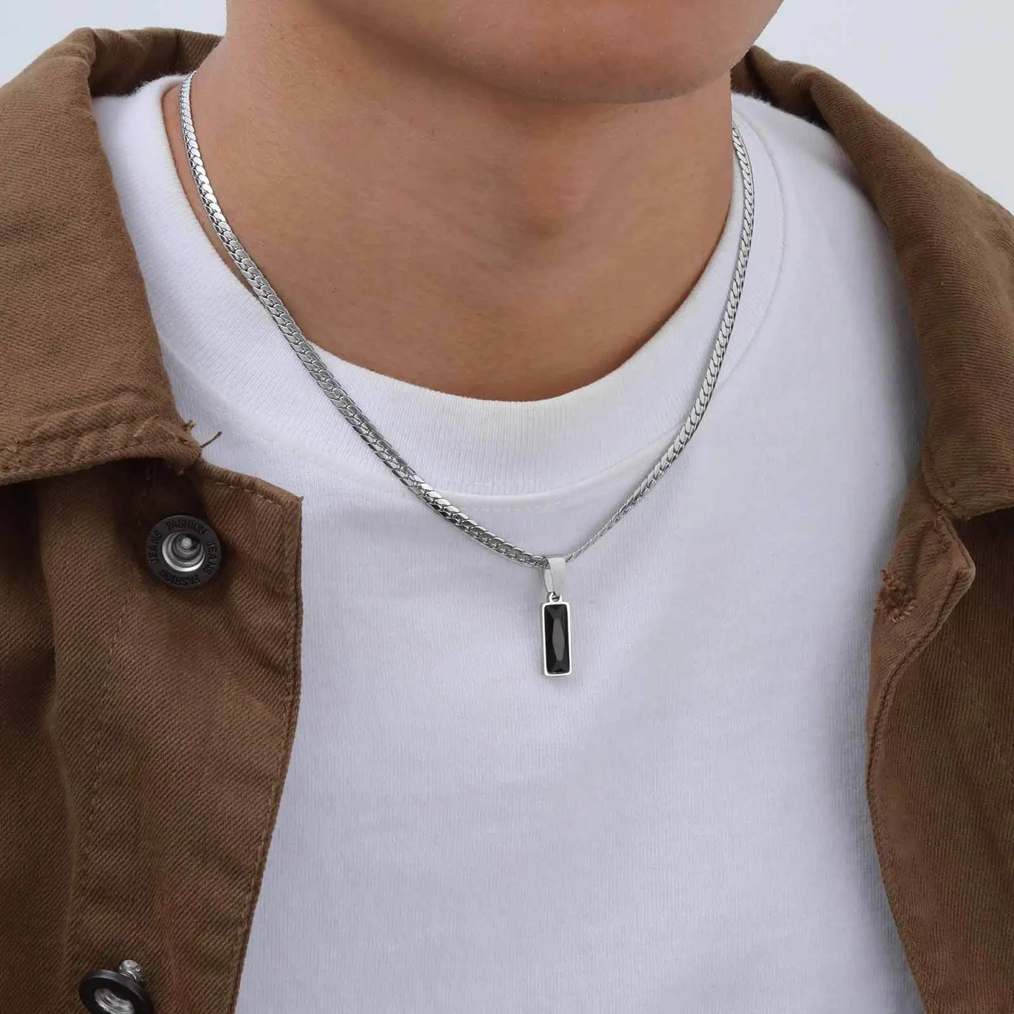 Stylish Mens Geometric Stone Pendent Necklaces,Stainless Steel Flat Cuban Chain Collars,Hip Hop Jewelry Gifts for Him Boys