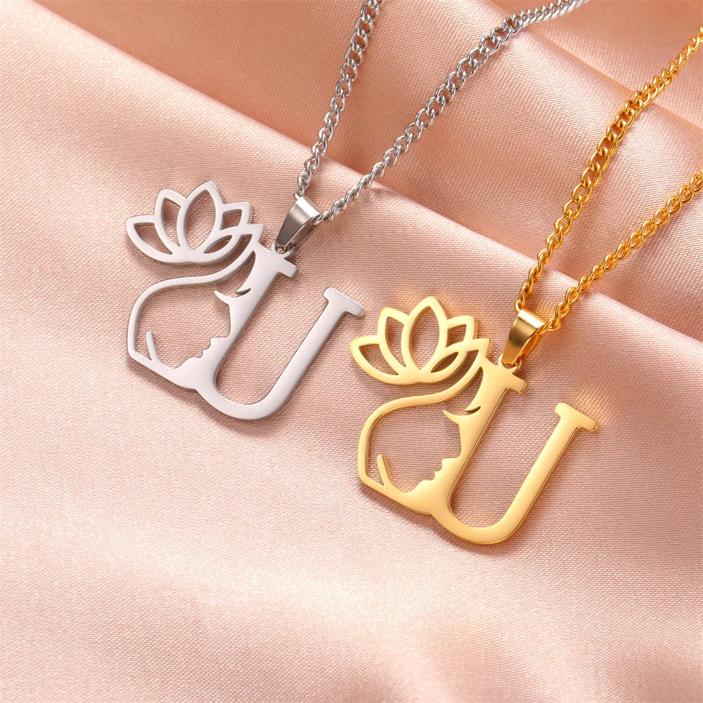 My Shape Beauty Lotus Flower Initials Necklace Women Girl Gifts Stainless Steel Letter Alphabet Pendants Choker Fashion Jewelry