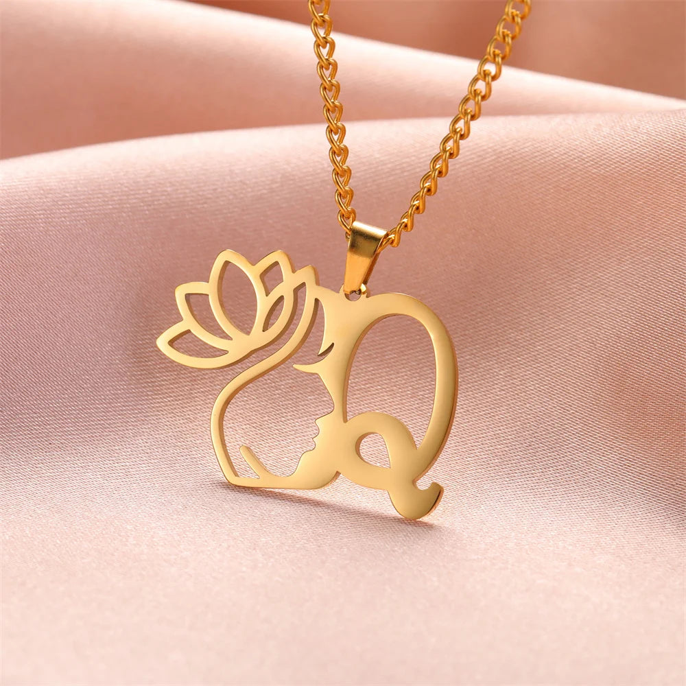 My Shape Beauty Lotus Flower Initials Necklace Women Girl Gifts Stainless Steel Letter Alphabet Pendants Choker Fashion Jewelry