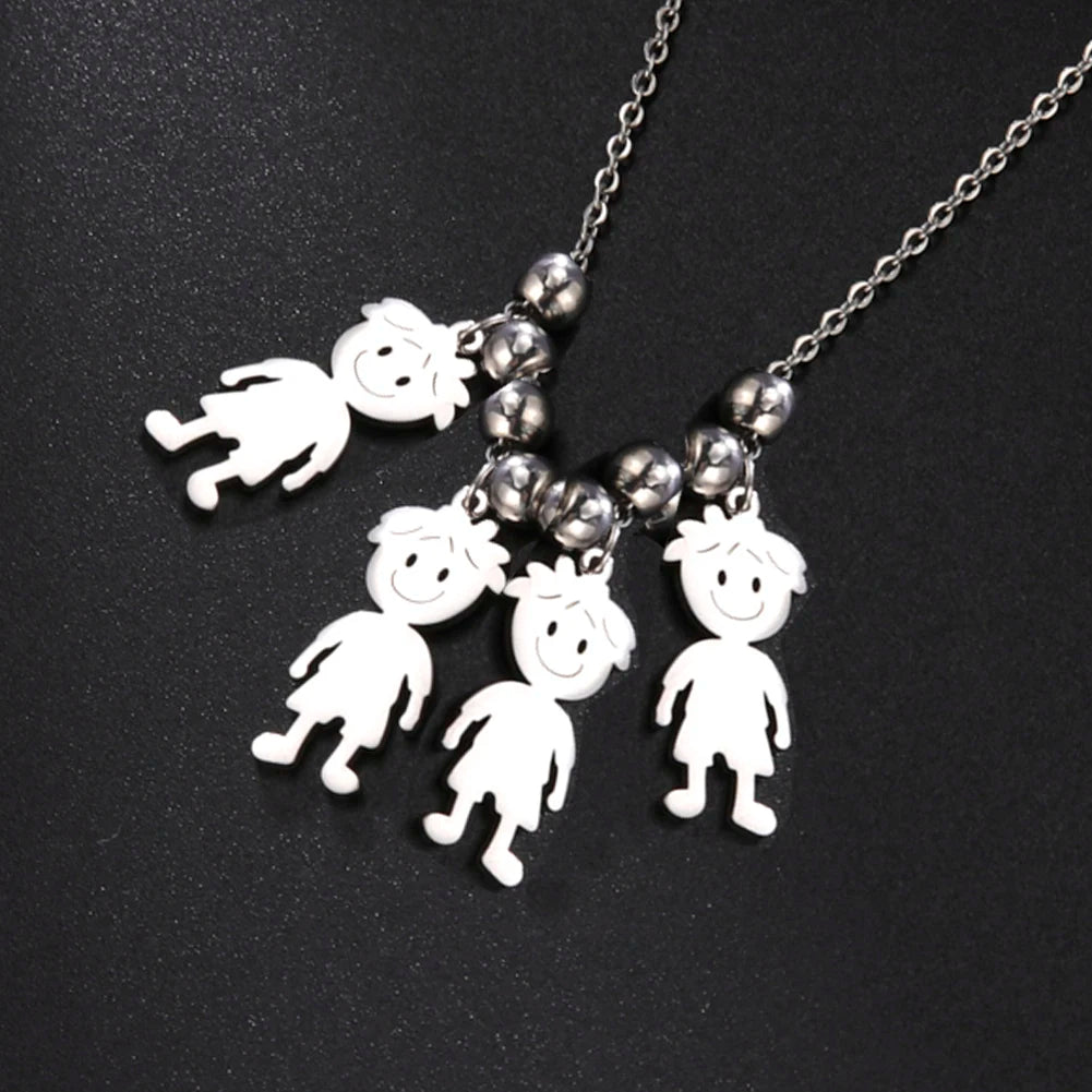 Necklace with white cartoon-like figure pendants on a black background