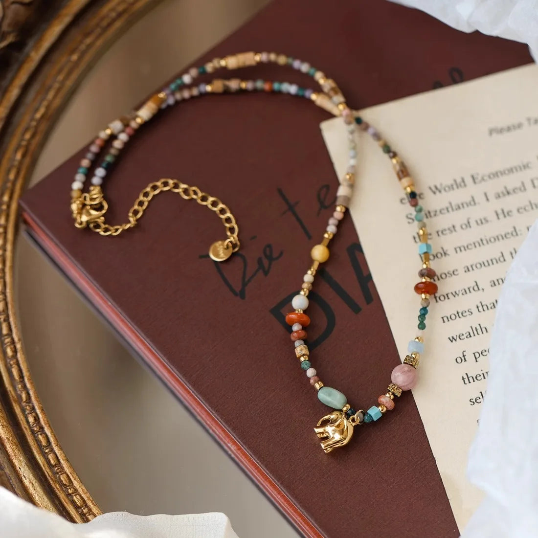 French Retro Colored Natural Stone Beads Chain Metal Elephant Pendant Necklace 2025 Trendy Jewelry Elegant Accessory For Women