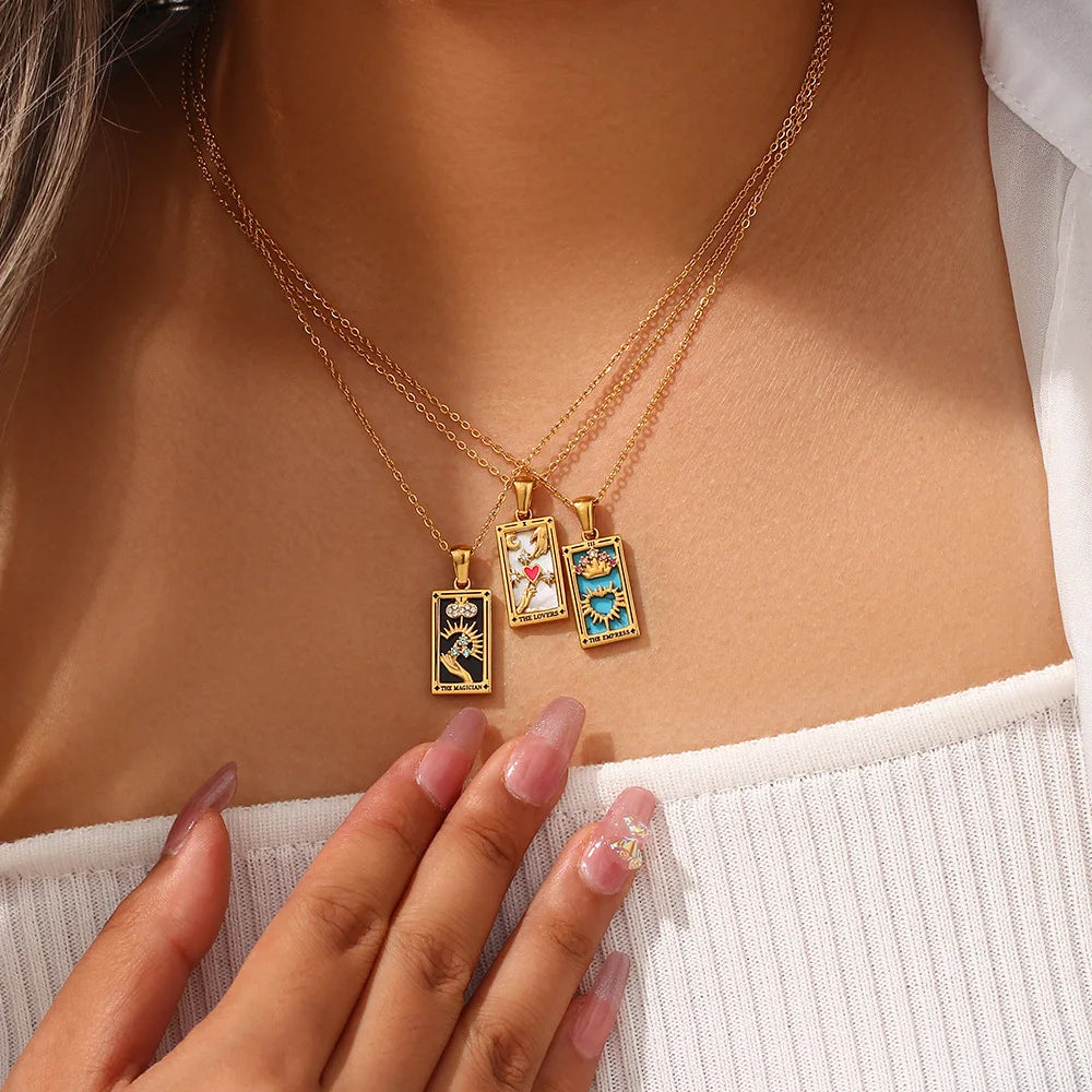 Gold Color Necklace for Women Zircon Christmas Jewelry Colorful Geometric Meaningful Sun Lover Stainless Steel Tarot Necklaces