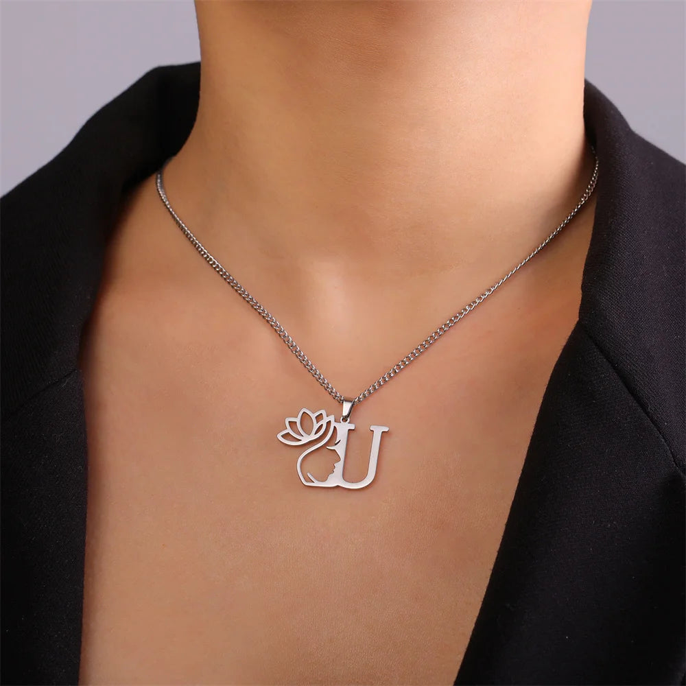 My Shape Beauty Lotus Flower Initials Necklace Women Girl Gifts Stainless Steel Letter Alphabet Pendants Choker Fashion Jewelry