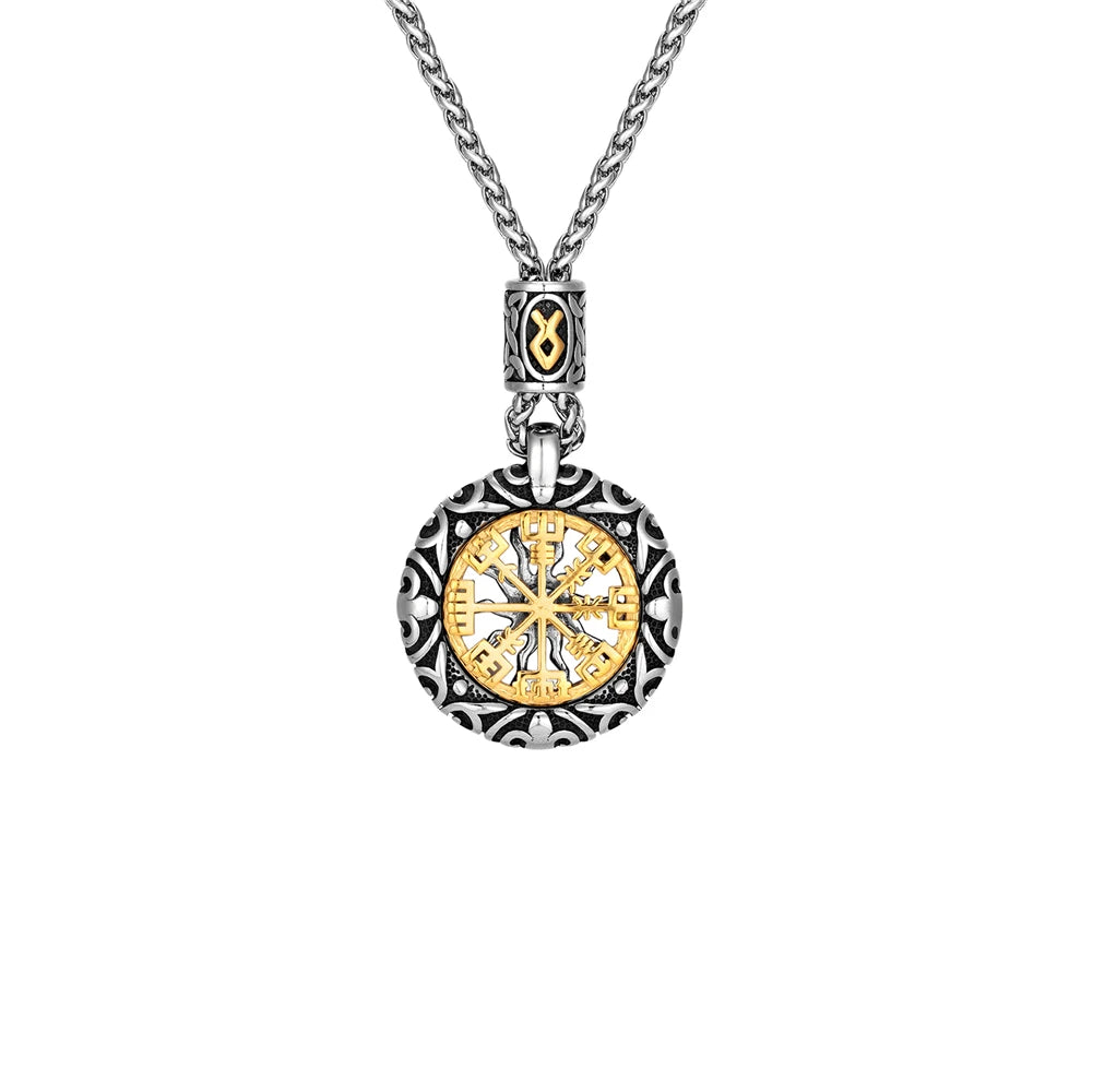 Retro Men Norse Rune Bead Compass Necklace Gold Color Hollow Out Sun Pendant Stainless Steel Vegvisir Amulet Male Viking Jewelry