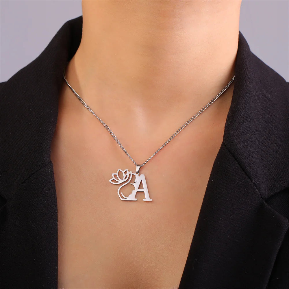 My Shape Beauty Lotus Flower Initials Necklace Women Girl Gifts Stainless Steel Letter Alphabet Pendants Choker Fashion Jewelry
