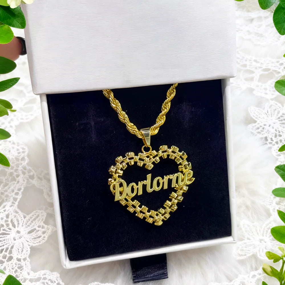 DUOYING Custom Name Heart Frame Necklace Earrings Diamond Cut Bow-shaped Base Nameplate Necklace