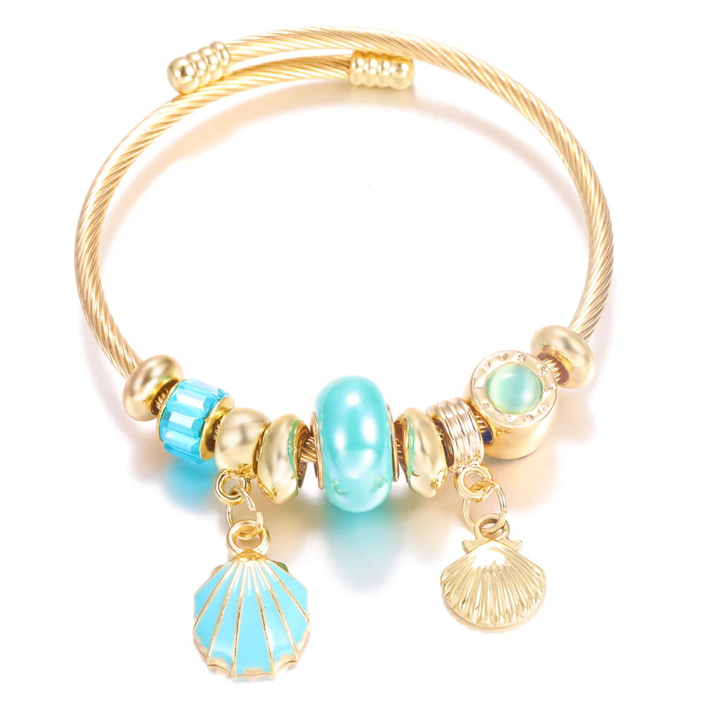 New Trendy 4 Colors Heart Shape Painted Pendant Closure Beaded Bracelet Golden Stainless Steel Women Bracelet 2025 Charm Jewelry