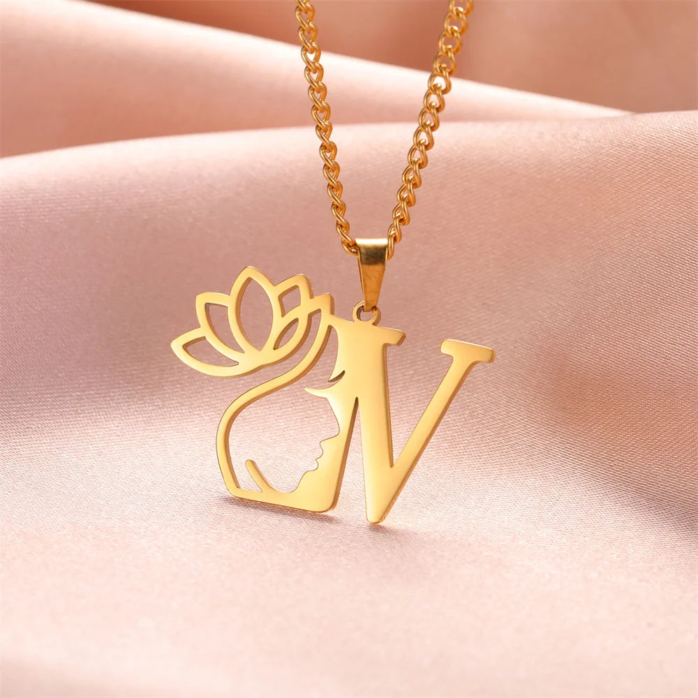 My Shape Beauty Lotus Flower Initials Necklace Women Girl Gifts Stainless Steel Letter Alphabet Pendants Choker Fashion Jewelry