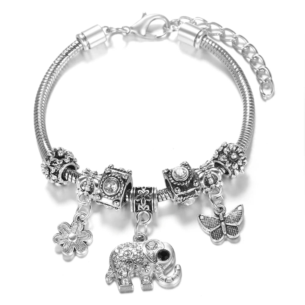 Multi Style Rhinestone 6 Color Beaded Bangle Lobster Buckle Adjustable Snake Chain Elephant Bracelet Pendant Woman Jewelry Gift
