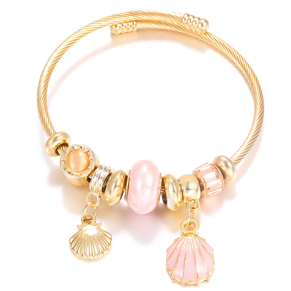 New Trendy 4 Colors Heart Shape Painted Pendant Closure Beaded Bracelet Golden Stainless Steel Women Bracelet 2025 Charm Jewelry