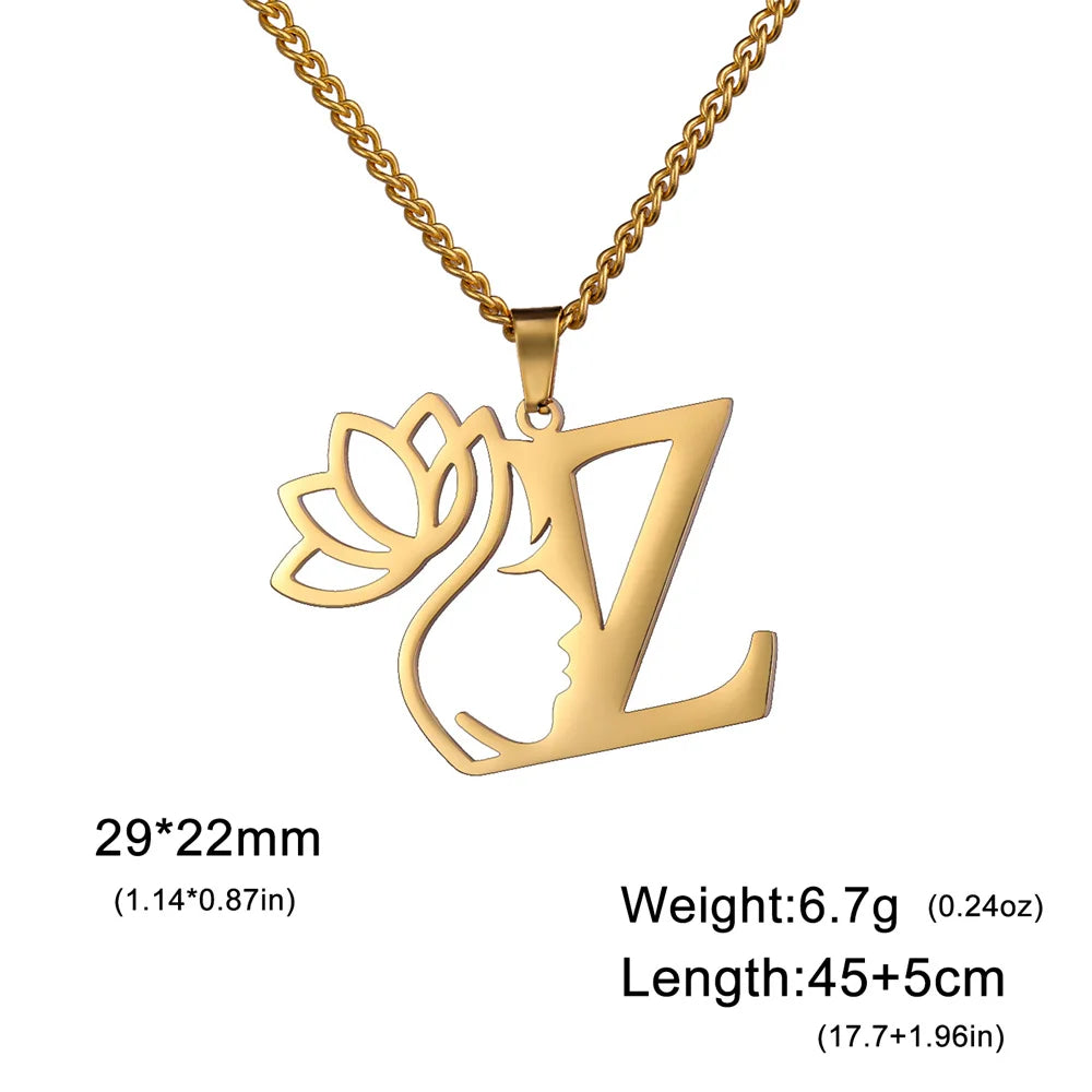 My Shape Beauty Lotus Flower Initials Necklace Women Girl Gifts Stainless Steel Letter Alphabet Pendants Choker Fashion Jewelry
